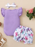 Baby Girl Summer Print Floral Rompers + Shorts + Headband