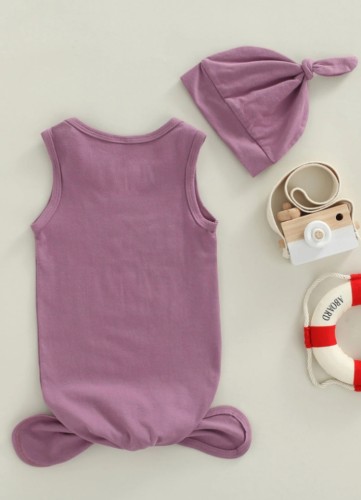 Newborn Baby Summer Purple Letter Print Sleeveless Sleeping Bag + Hat