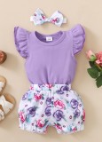 Baby Girl Summer Print Floral Rompers + Shorts + Headband