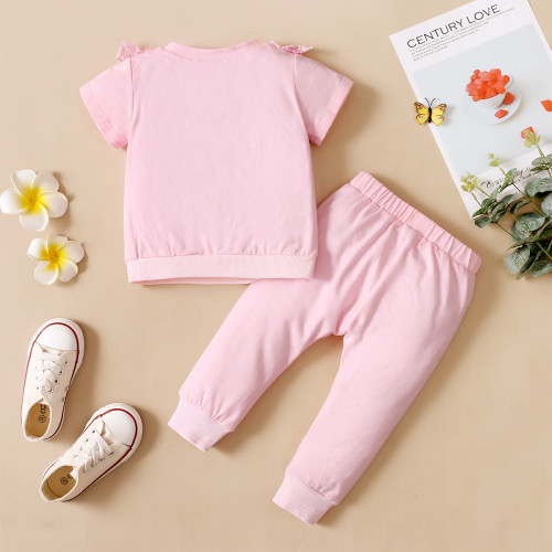 Kids Girl Summer Pink Cherry Shirt and Pants Two Piece Set
