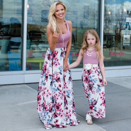 Mommy And Me Clothes Summer Casual Sleeveless Round Neck Floral Long Maxi Dress