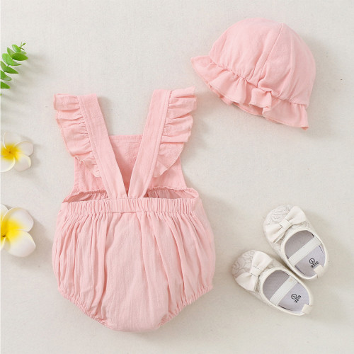 Baby Girl Summer Pink Flying Sleeve Rompers + Hat