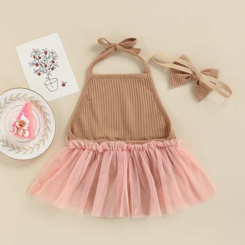 Baby Girl Summer Brown Knitted Bodysuit Mesh Dress with Headband