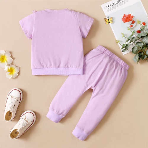 Kids Girl Summer Purple Butterfly Shirt and Pants Two Piece Set