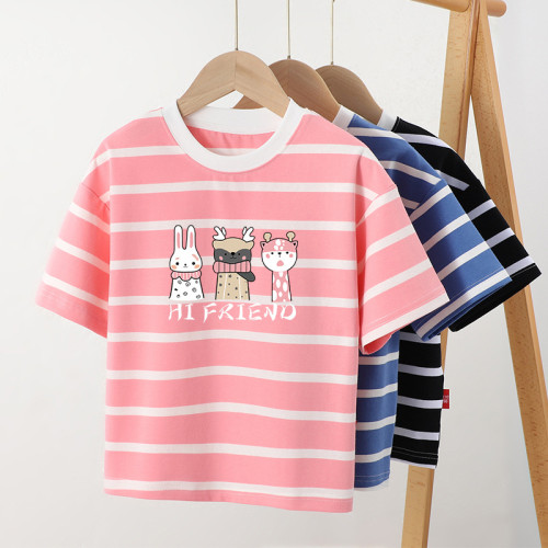 Girls Summer Cotton Short-Sleeve Round Neck Stripe Print T-Shirt