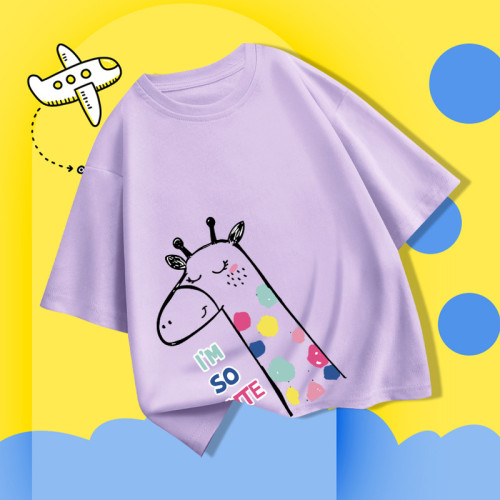 Girls Summer Cotton Short-Sleeve Giraffe Cute Print T-Shirt