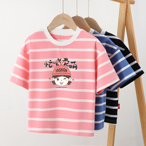 Girls Summer Cotton Short-Sleeve Print Stripe T-Shirt