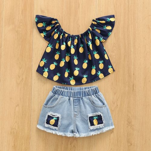 Summer Girl Off Shoulder Small Pineapple Print Top And Denim Shorts Two-Piece Set
