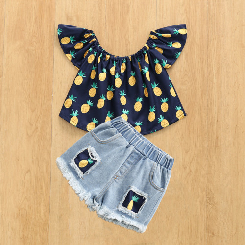 Summer Girl Off Shoulder Small Pineapple Print Top And Denim Shorts Two-Piece Set