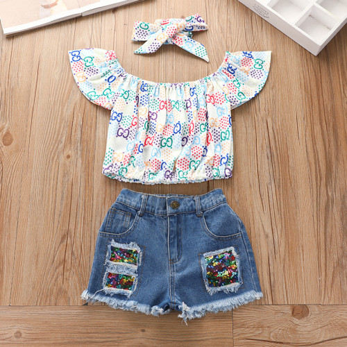 Girls Summer Off Shoulder Printed Top And Denim Ripped Shorts Two Pice