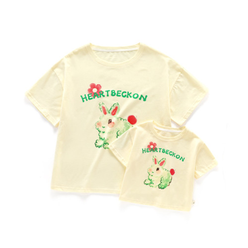 Summer Mother And Girls Cute Rabbit Short-Sleeved Sweet Round Neck Cotton T-Shirt