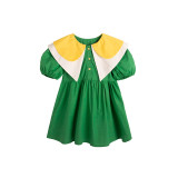 Summer children's dress double-layer large lapel fresh green girl's dress