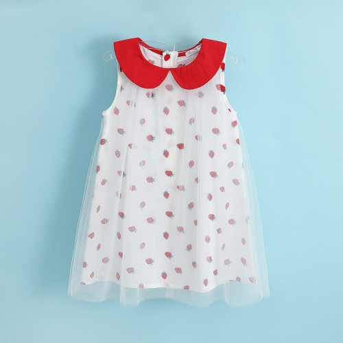 Summer Children's Dress Peter Pan collar Strawberry Net Yarn Girls Sleeveless Dress