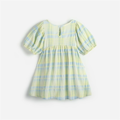 Summer three-dimensional flower blue and yellow plaid girls short-sleeved dress