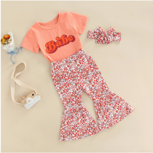 Summer Girls Short-Sleeved Letter T-Shirt And Floral Hairband Flared Pants Three-Piece