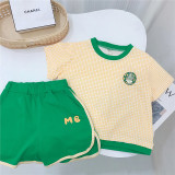 Girls summer fashion small yellow grid sports wear casual patchwork short sleeve T-shirt shorts Two Piece set