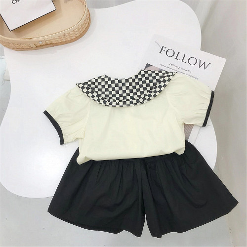 Girls checkerboard collar suit summer children's shirt baby girl Two Piece trend Shorts Set