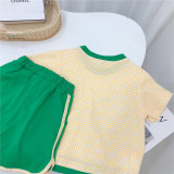 Girls summer fashion small yellow grid sports wear casual patchwork short sleeve T-shirt shorts Two Piece set
