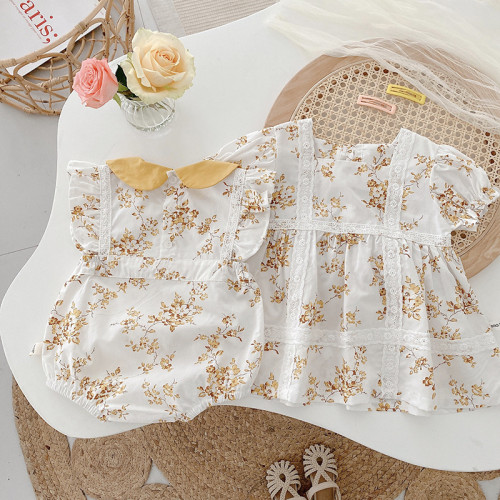Girl baby flower romper 0-2 years old summer baby Peter Pan collar jumpsuit newborn outing clothes