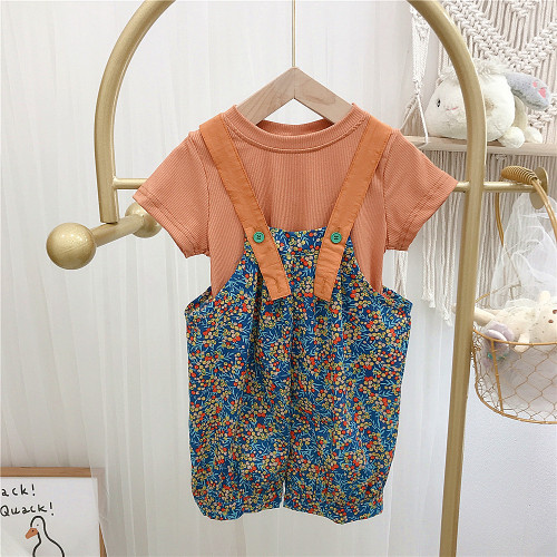 Girls summer suits children's basic shirts girls baby floral overalls shorts two-piece set