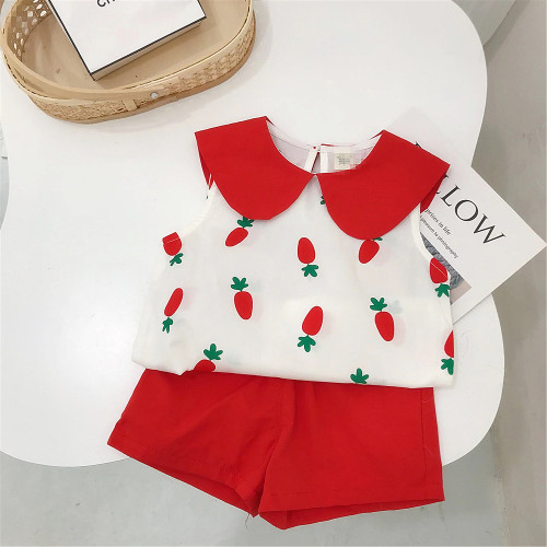 Girls summer Peter Pan collar carrot casual suit baby girl fashion sleeveless top shorts college trend