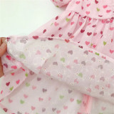 Children's clothing sweet girl heart print full print dress cute girl puff sleeve princess skirt a-line skirt
