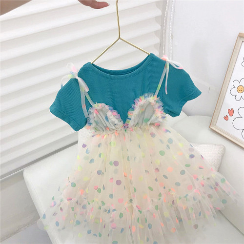 Summer girls' fake two-piece princess skirt baby colorful dots sweet mesh skirt trend