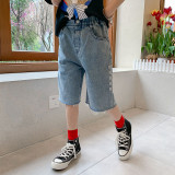 Girls' jeans summer children's thin pants middle-aged children's summer loose knee-length shorts trend