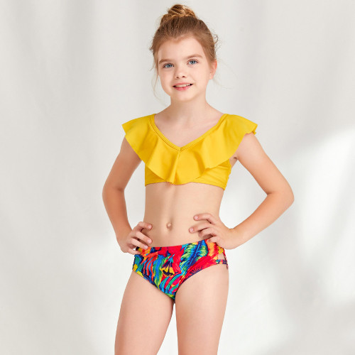 Children's swimwear cute solid color printing medium and large girls bikini swimsuit