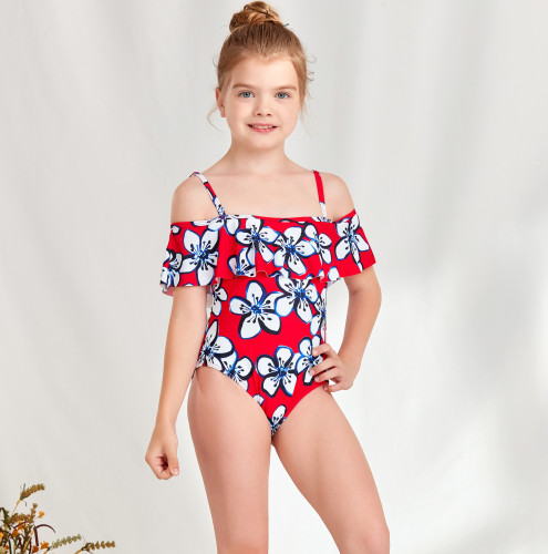 Kids Swimwear Ruffle Print Cute Girls One Piece Swimsuit Middle and Big Kids Swimwear