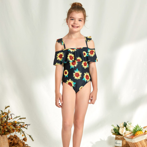 Girls Swimsuit Printed Flash Sling Ruffled One Piece Children's Swimsuit