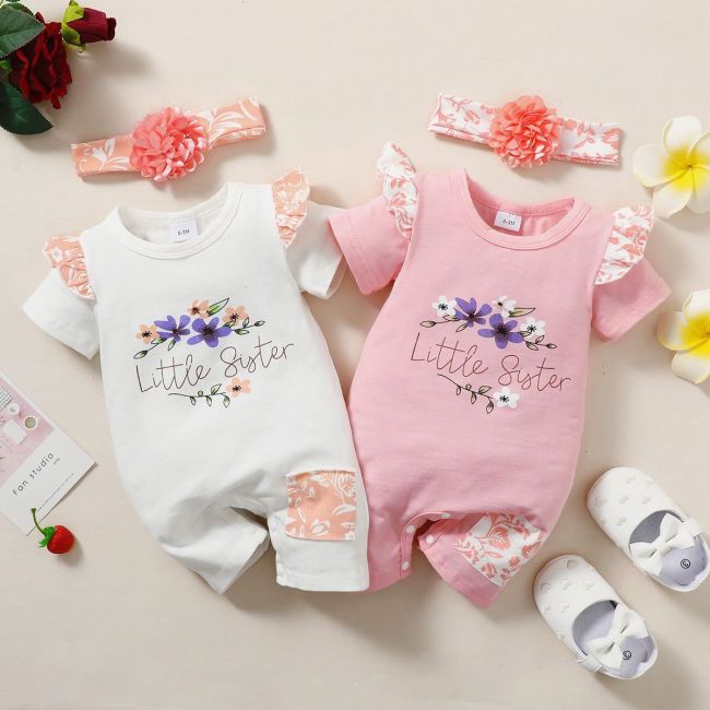 Infant Spring and Autumn Style Baby Girl Letter Print One Piece Romper + Headwear