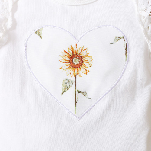 Girls Spring and Autumn Sunflower Embroidered Heart Print Top + Shorts Three-piece Set