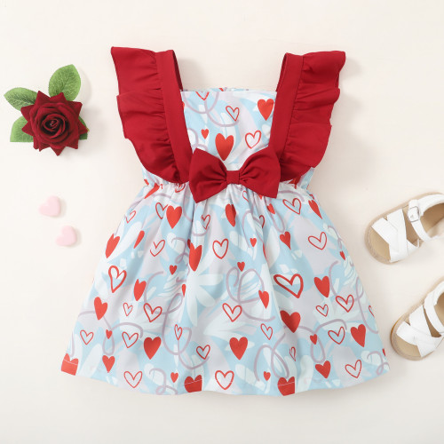 Girls Spring Autumn Sleeveless Love Heart Print Bow Print Princess Dress