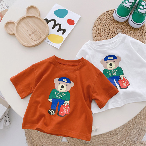 Boys Bear T-Shirt 0-6 Years Old Summer Baby Trendy Cartoon Top Kids Print Basic Shirt