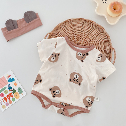 baby bear romper 0-2 years old summer boy baby short-sleeved romper newborn outing clothes with hair belt