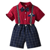Summer Children's Solid Color Short Sleeve Bow Shirt Strap Plaid Pants Suit Boys Formal Party Suits