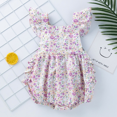 Baby Clothes Blackless Straps Jumpsuit Summer Baby Girl Cool Trendy Floral Small Flying Sleeve One Piece