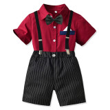 British gentleman children's clothing boy's medium and small summer cotton short-sleeved shirt overalls four-piece suit