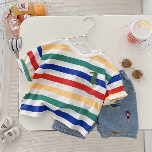 Boys Short Sleeve T-Shirt 0-6 Years Old Summer Baby Striped Top Children's Rainbow Cartoon Basic Shirt