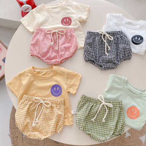 Baby Set 0-2 Years Summer Baby Boy And Girl Short Sleeve T-Shirt Thin Plaid Shorts Two Piece Set