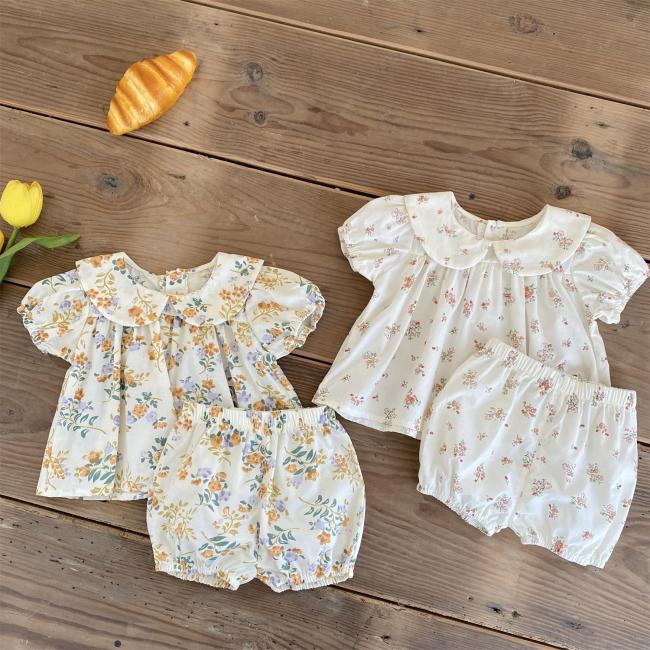 Girl Baby Floral Suit 0-4 Years Old Summer Children Trendy Floral Doll Collar Short Sleeve Shirt Shorts Two Piece Set