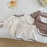 Children'S Trendy Bear Suit 0-4 Years Old Summer Baby Boy And Girl Contrast Color Short Sleeve T-Shirt Shorts Two Piece Set