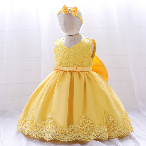 Baby Dress Big Bow Lace Wedding Princess Dress Baby One-Year-Old Christening Dress With Hairband