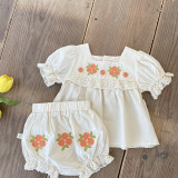 Children's Trendy embroidered suit 0-4 years old summer baby lace bubble sleeve t-shirt top shorts two-piece set