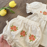 Children's Trendy embroidered suit 0-4 years old summer baby lace bubble sleeve t-shirt top shorts two-piece set