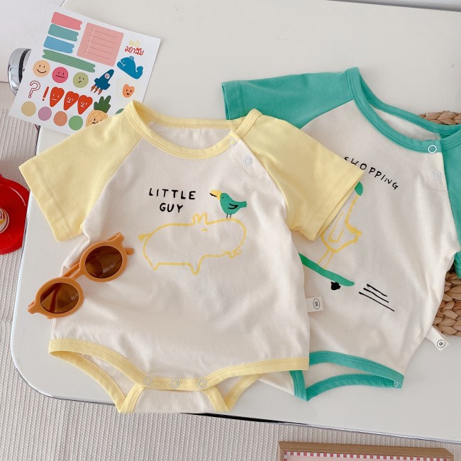 Baby Contrast Color Onesie 0-2 Years Old Summer Baby Boy And Girl Letter Cartoon Onesie Newborn Outing Jumpsuit