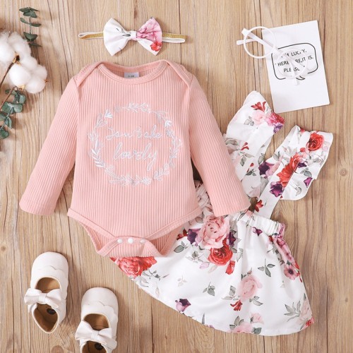 Girl Embroidered Letter Long Sleeve Romper + Flower Straps Dress Three-Piece