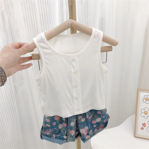 Korea Kids Summer Girls Trendy Suit Little Girls Tank Top Floral Denim Shorts Two Piece Set