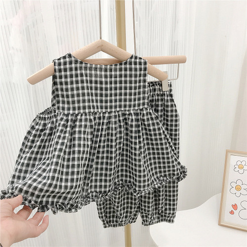 Korean girl polka dot suit summer children's clothing sleeveless doll shirt girl baby plaid fashionable two-piece set